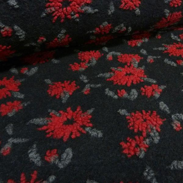 Fabric Italian pattern walk Walkloden boiled wool relief flowers black red gray melange dress fabric coat fabric