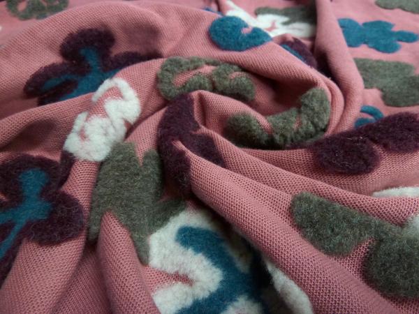 Fabric Ital. cotton jersey with wool tops intarsia flowers old pink petrol khaki bordeaux dress fabric