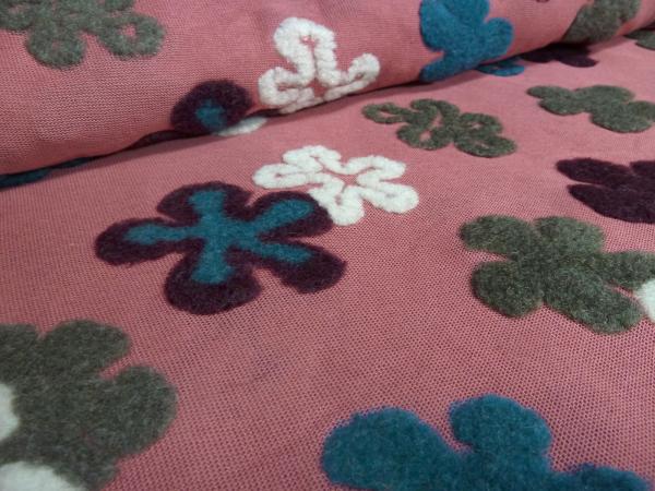 Fabric Ital. cotton jersey with wool tops intarsia flowers old pink petrol khaki bordeaux dress fabric