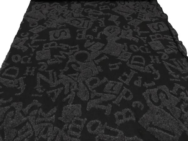 Stoff Ital. Baumwolle Jersey mit Intarsien Woll-Tops Buchstaben Salat Design schwarz anthrazit grau Kleiderstoff