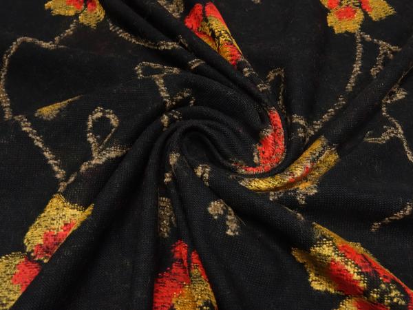 Stoff Ital. feiner leichter Baumwolle Jersey mit Intarsien Blumenmuster Ranken Design schwarz rot gelb-gold braun Kleiderstoff