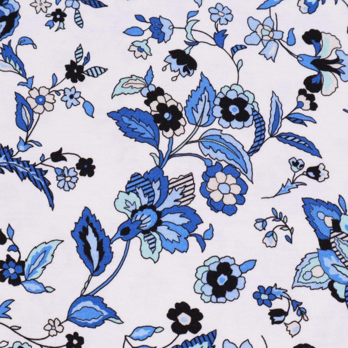 Fabric viscose jersey floral pattern tendril design white blue black colorful dress fabric children's fabric