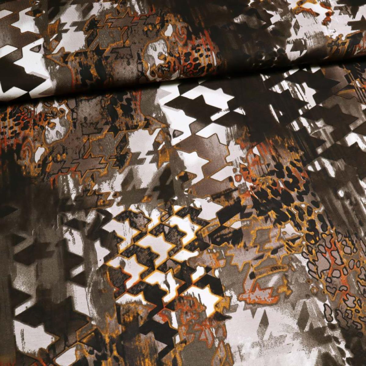 Fabric viscose jersey abstract pepita design brown terracotta wool white ocher colorful dress fabric