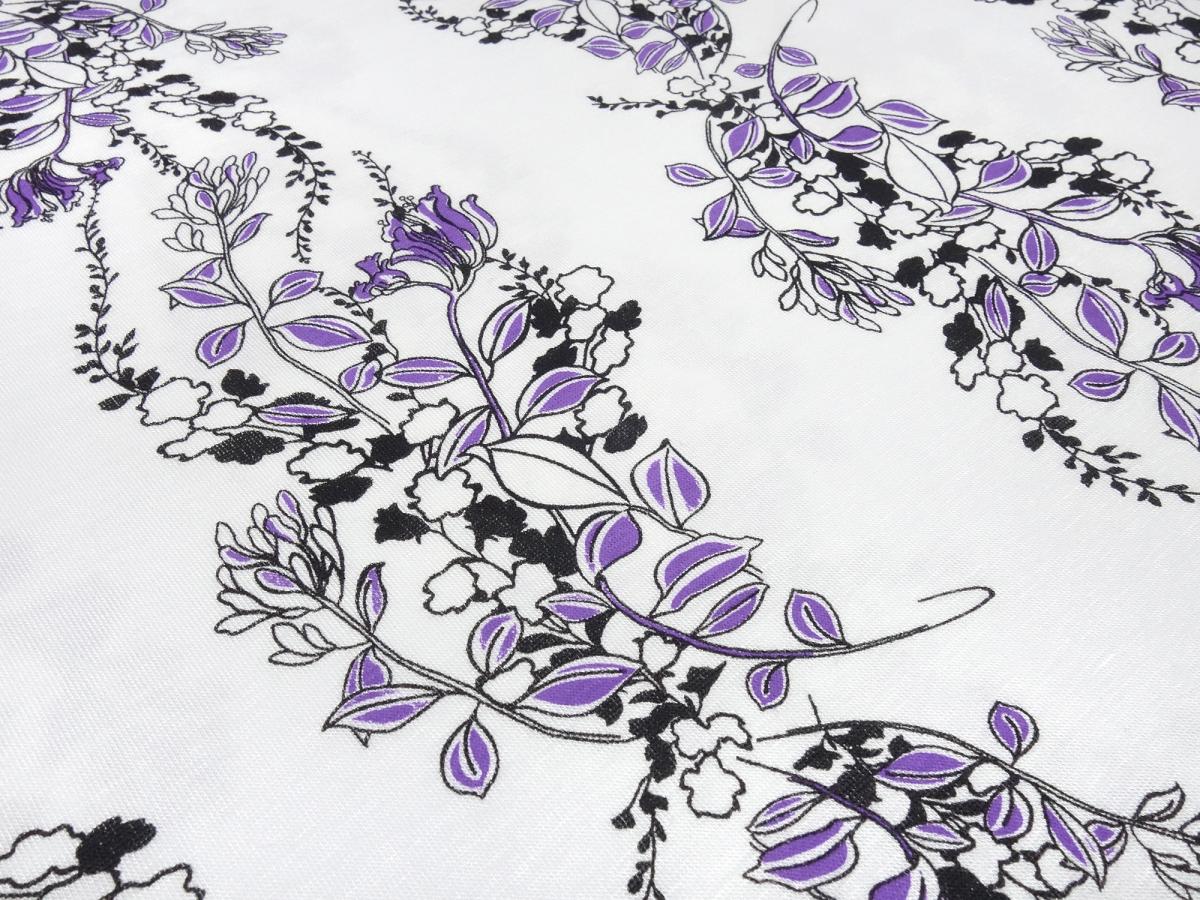 Fabric viscose jersey with flowers tendrils design white purple black dress fabric