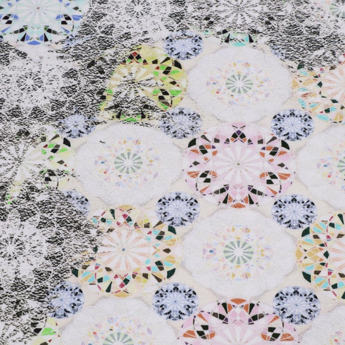 Fabric viscose jersey mandala floral pattern design ecrú yellow green red black colorful dress fabric