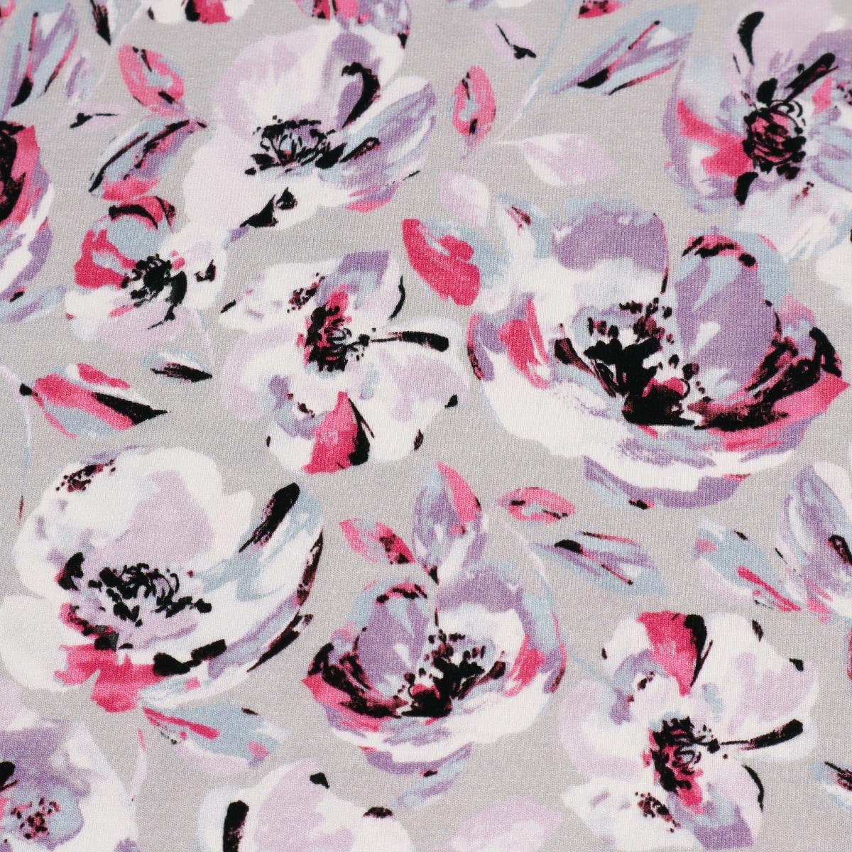 Fabric viscose jersey with watercolor floral pattern design gray lilac fuchsia black white colorful dress fabric