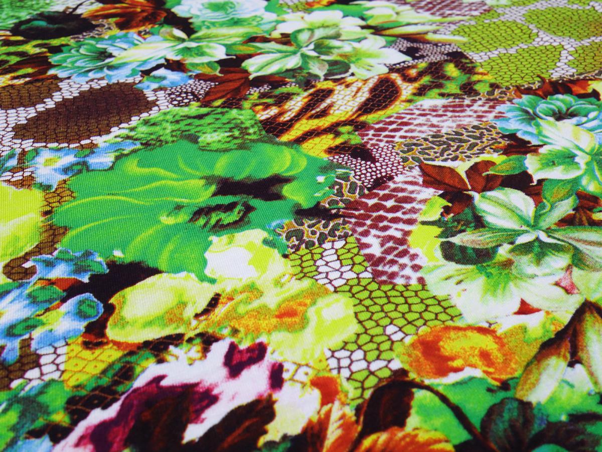 Fabric viscose jersey with flowers abstract design green yellow brown blue colorful dress fabric