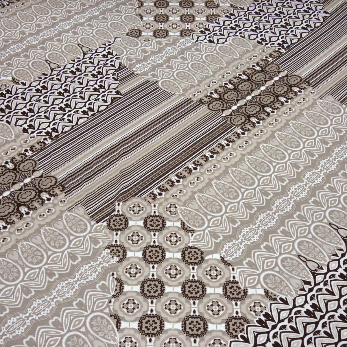 Viscose Jersey Fabric with Stripes & Borders - Brown, Beige, Taupe, Off-White - Dress Fabric