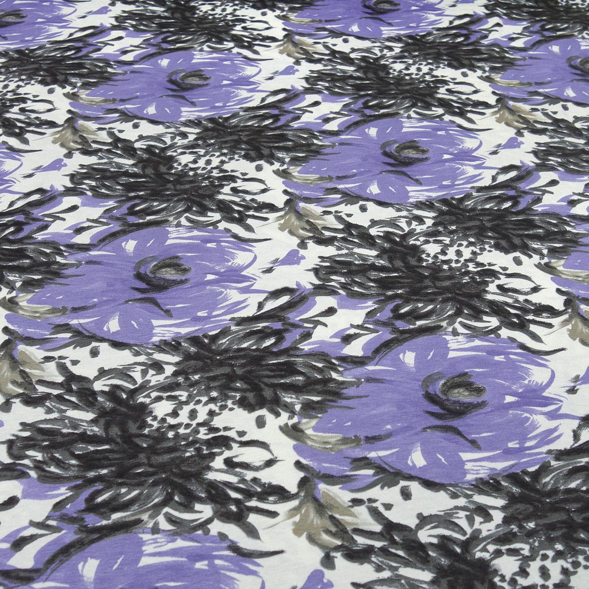Fabric viscose jersey with flowers abstract design white lilac lavender gray dress fabric