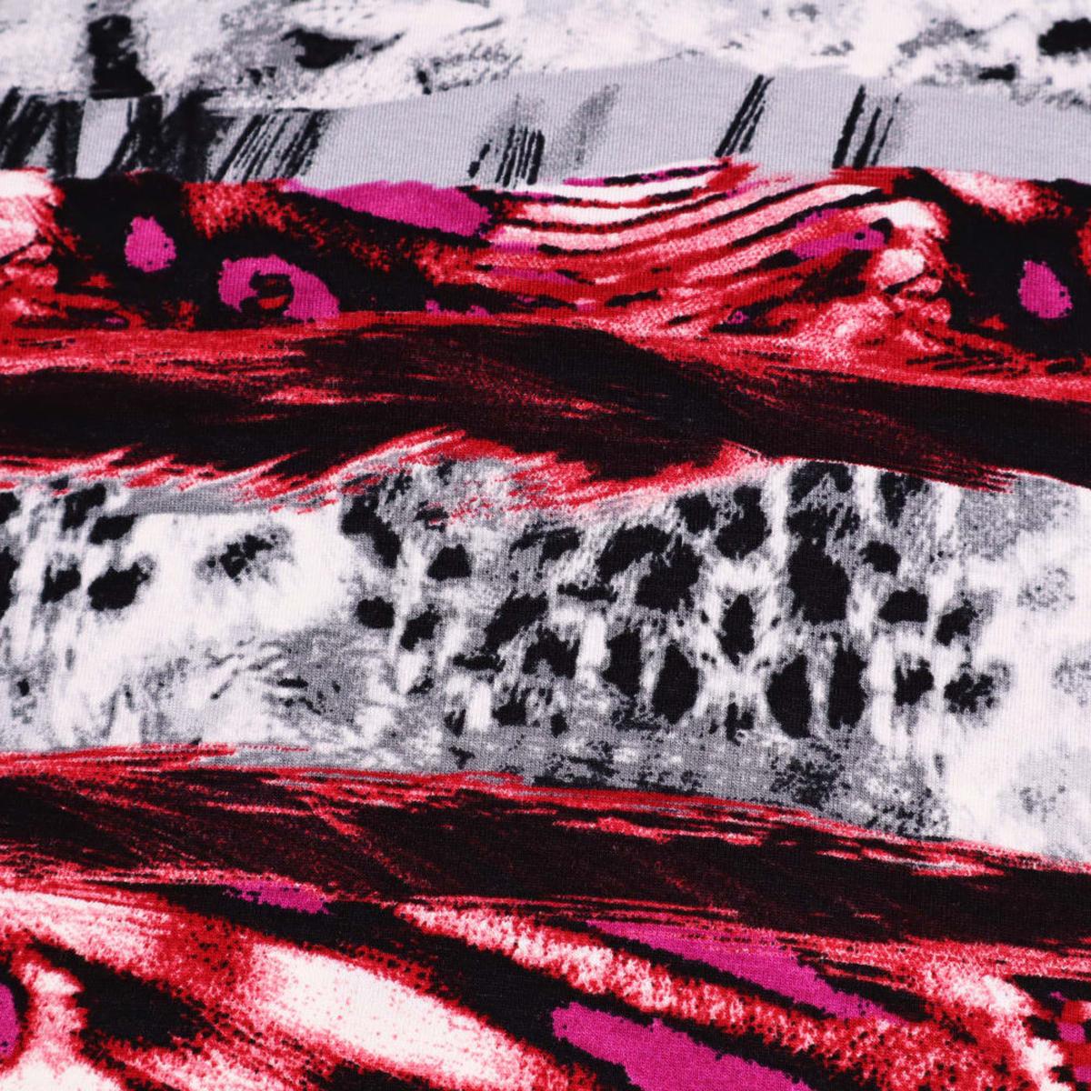 Fabric viscose jersey abstract leopard pattern design red fuchsia gray black white dress fabric