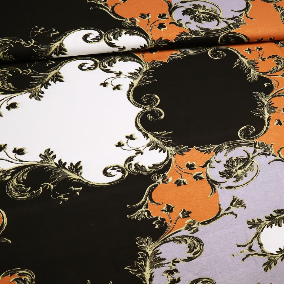 Fabric viscose jersey with abstract ornaments design black gray white orange beige dress fabric