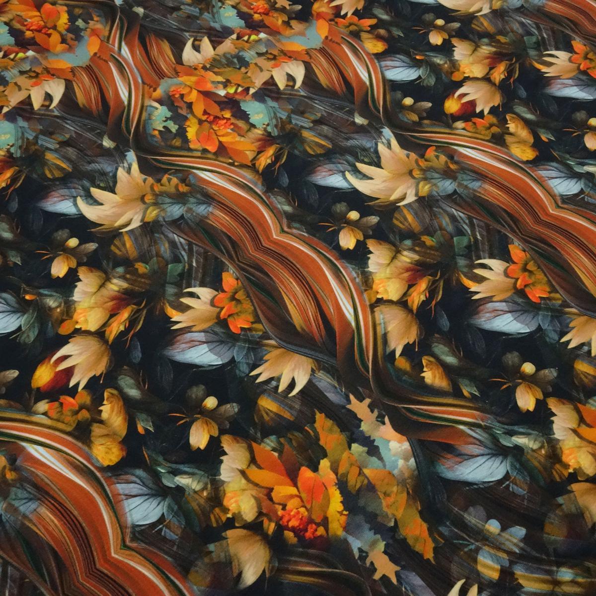 Fabric cotton jersey abstract autumn leaves leaves flowers design orange rust black beige colorful dress fabric