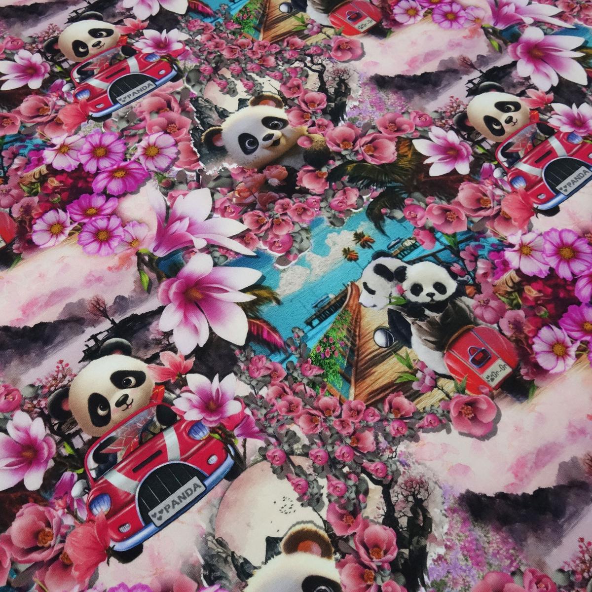 Fabric cotton jersey panda bear flowers car design pink pink red turquoise white black colorful children's fabric dress fabric