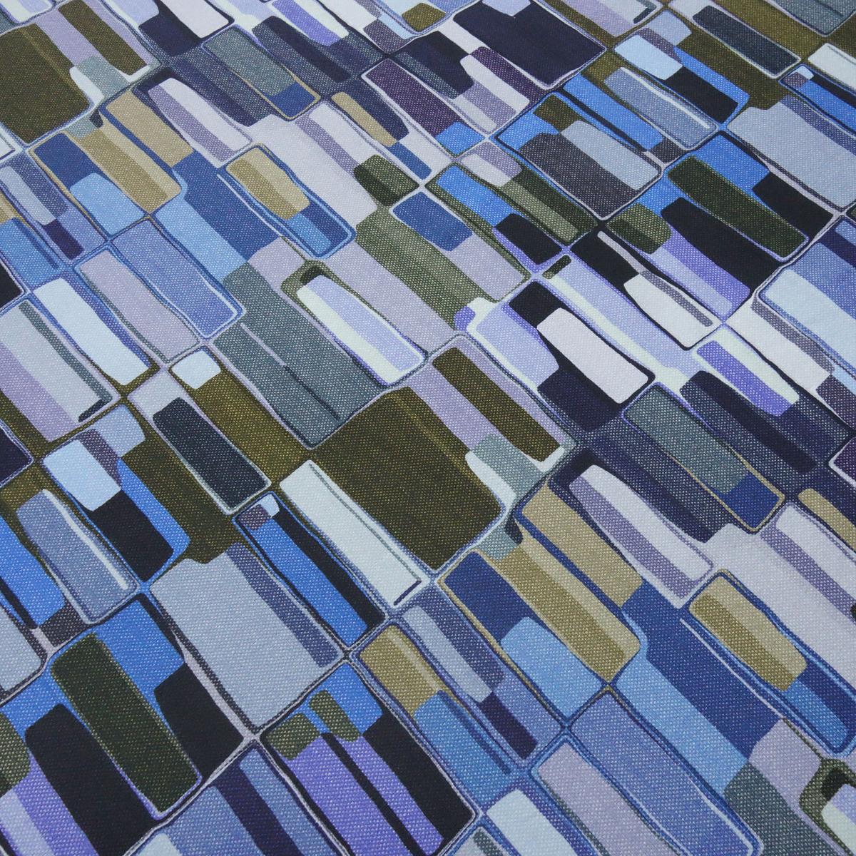 Cotton jersey fabric with graphic geometric patterns in denim blue lilac purple beige and multicolor dressing fabric children's fabric