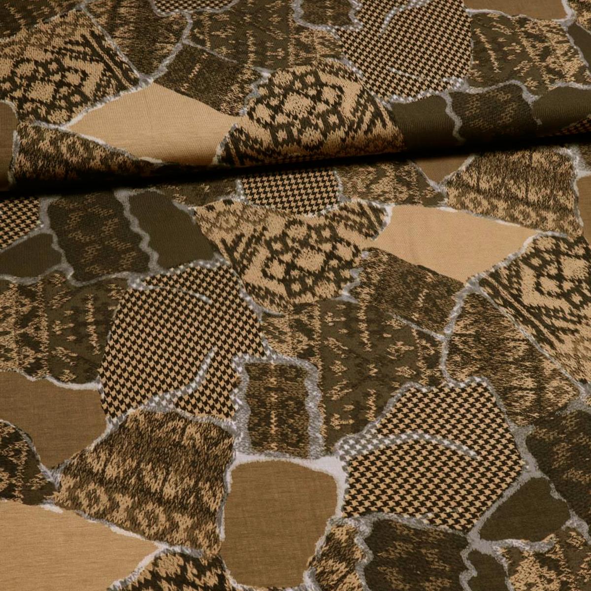 Fabric viscose jersey patchwork knitting pattern brown beige camel gray dress fabric