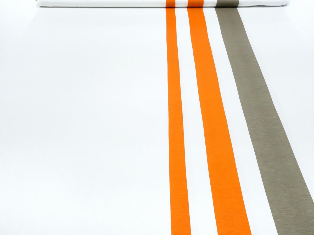 Fabric viscose jersey with border print block stripes orange taupé white dress fabric