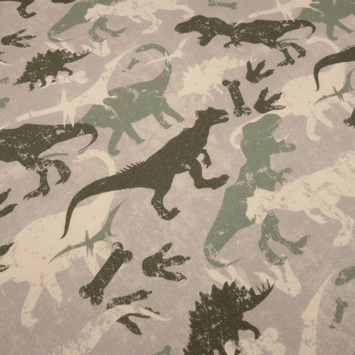 Stoff Baumwolle Sweatshirtstoff Dinos Dinosaurier Design taupé beige oliv grün Kinderstoff Kleiderstoff