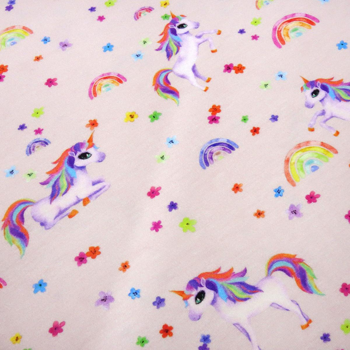 Fabric cotton jersey unicorns rainbow flowers soft pink colorful children's fabric dress fabric