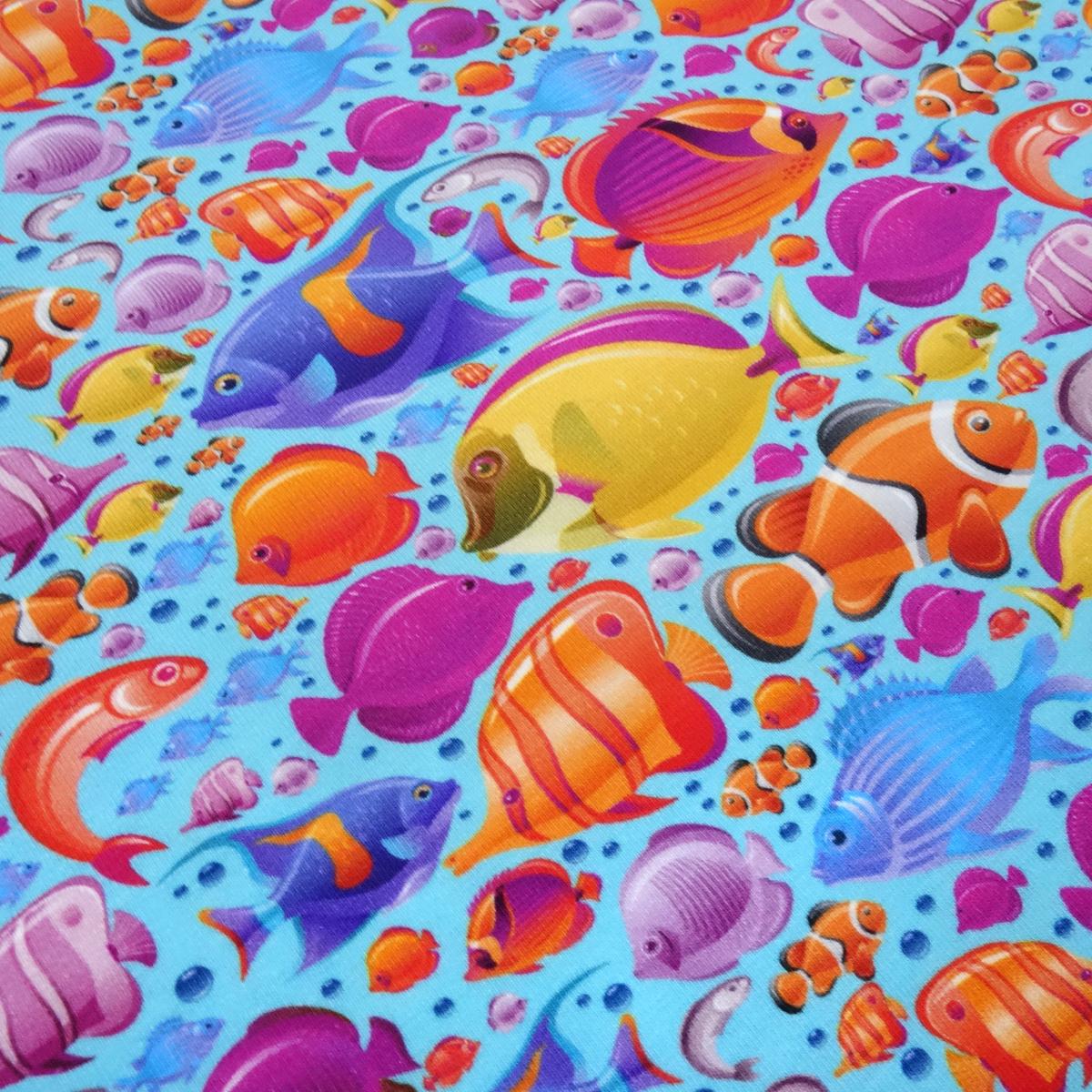 Fabric cotton jersey colorful south sea fish turquoise aqua orange yellow purple colorful children's fabric dress fabric