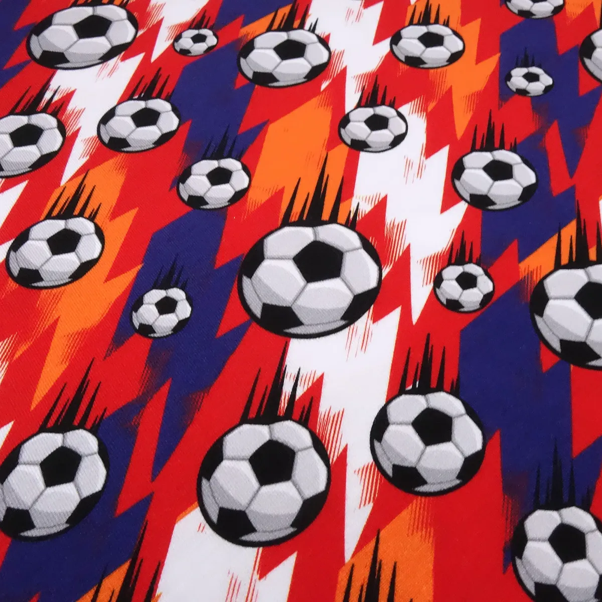 Stoff Baumwolle Jersey Fußball Soccer Bälle Design blau rot orange weiß schwarz Kinderstoff Kleiderstoff