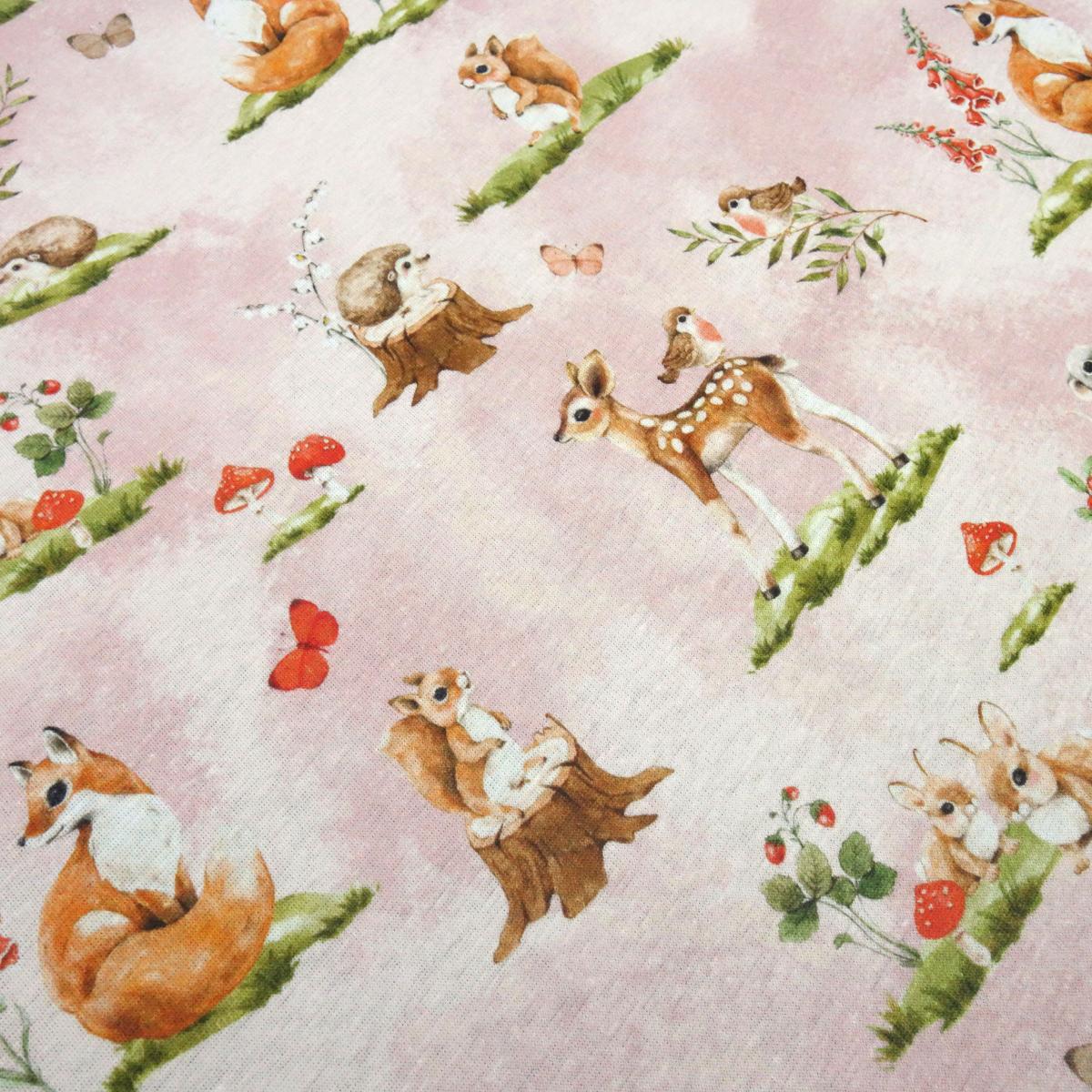 Fabric sweatshirt fabric alpine fleece side forest animals deer foxes mushrooms rabbits design pink colorful children's fabric dress fabric