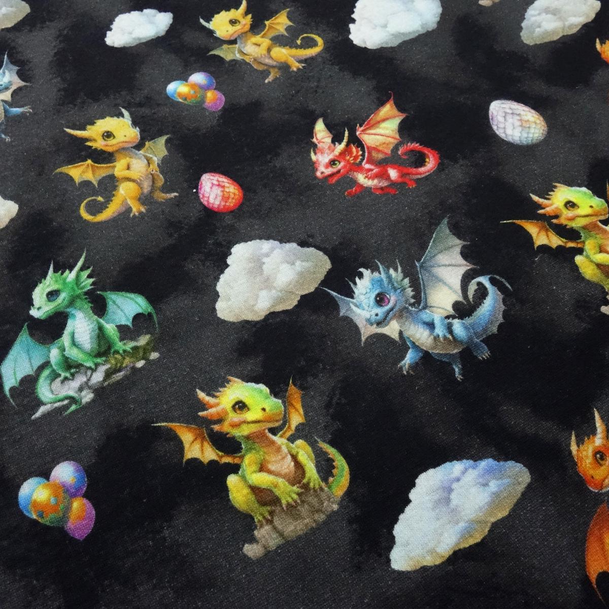 Fabric sweatshirt fabric with alpine fleece side Cute Dragons dragon design black gray red yellow green blue colorful children's fabric dress fabric