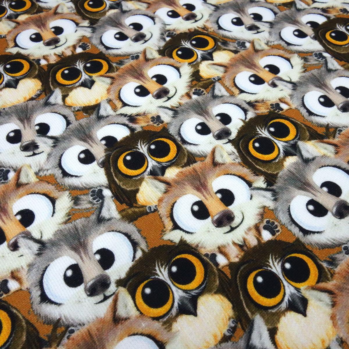 Fabric: Cotton sweatshirt fabric with owls, foxes, and forest animals design in brown, gray, orange, and multicolor; children's clothing fabric