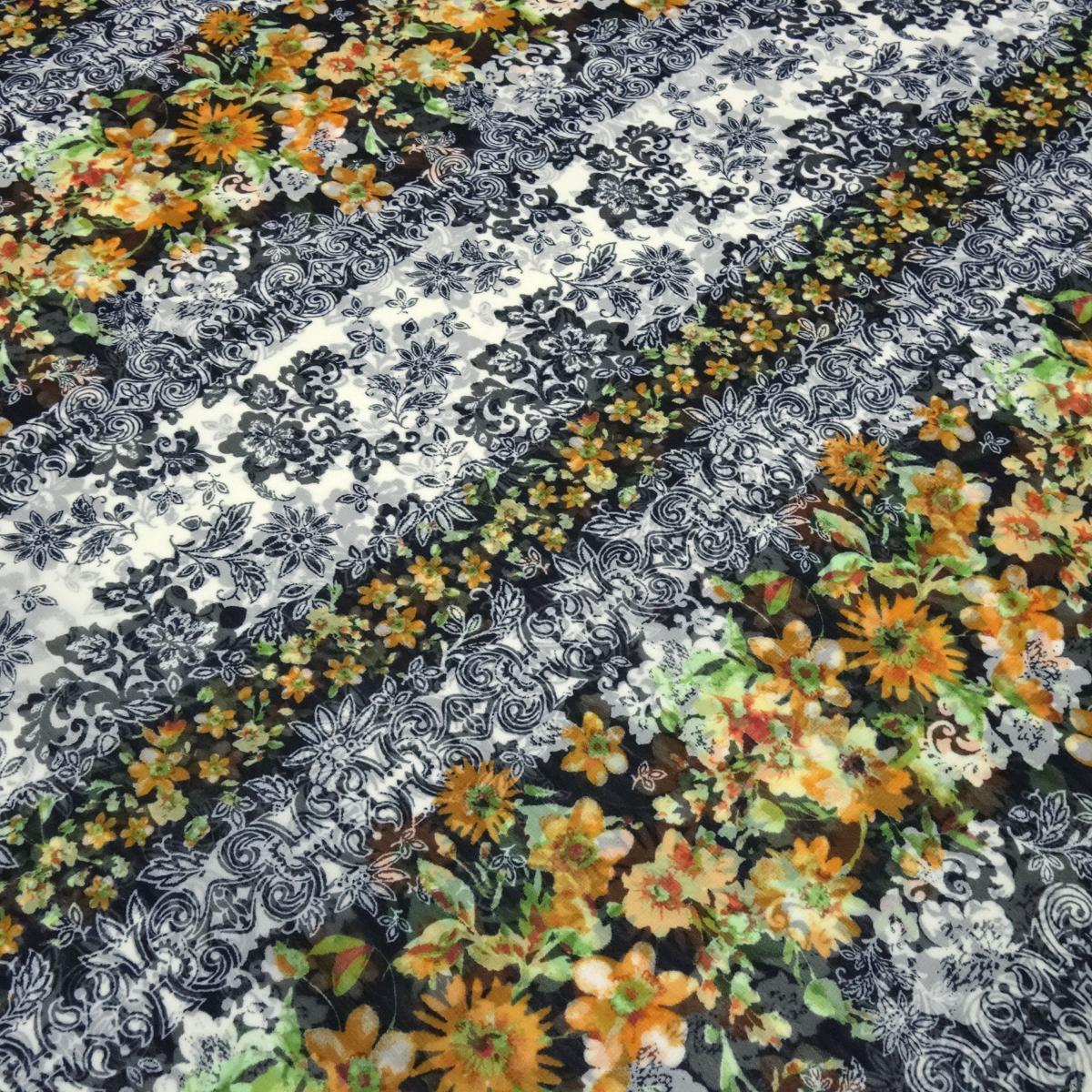 Stoff Chiffon Blusenstoff Blumemuster Ornamente Design orange grün schwarz ecrú Kleiderstoff