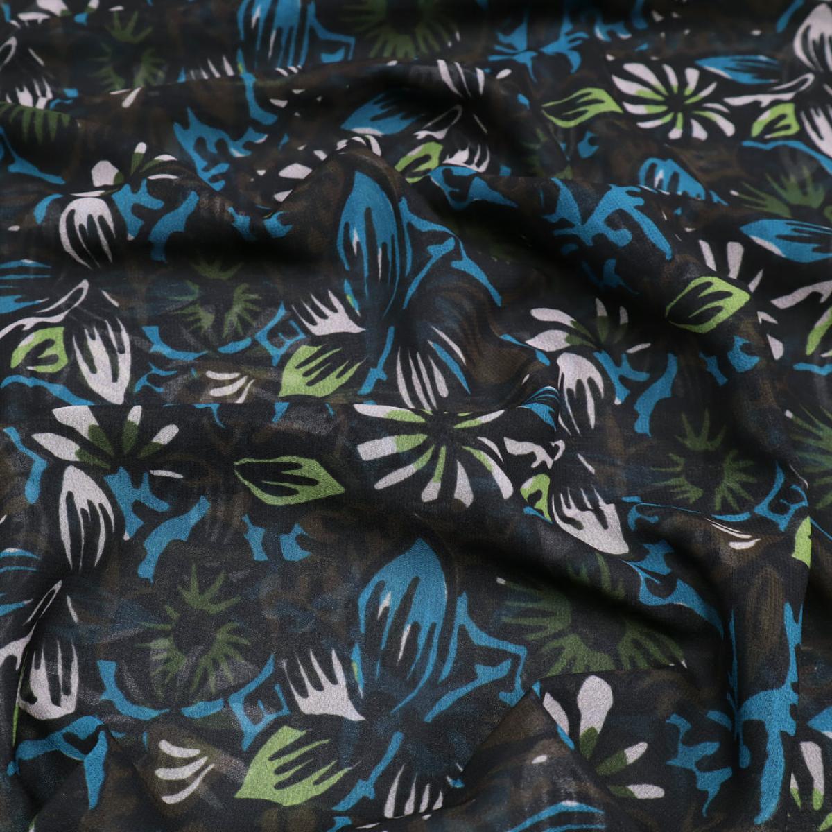 Stoff Chiffon Blusenstoff Blumenmuster Blätter Design schwarz petrol braun grün weiß Kleiderstoff