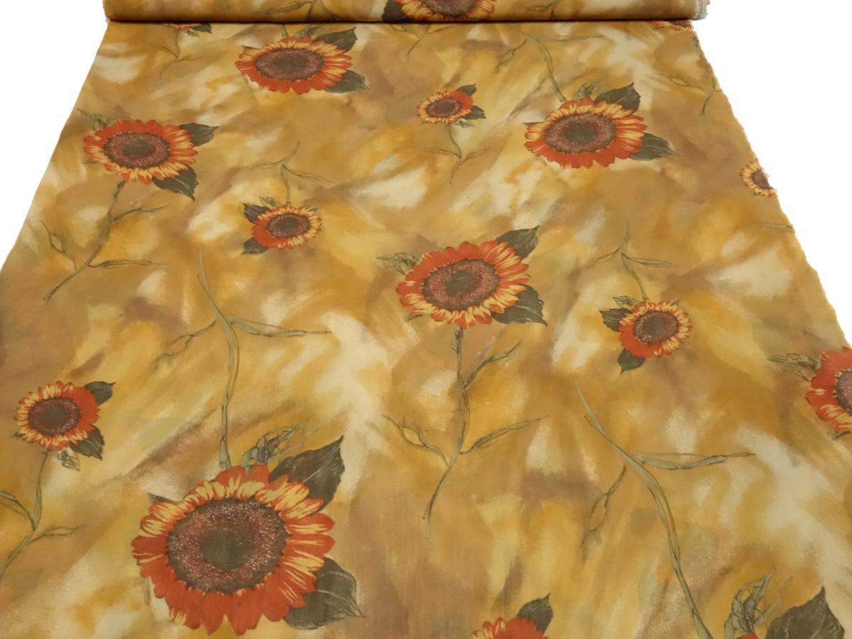 Stoff 100% Viskose Chiffon Georgette mit Sonnenblumen Blumenmuster Abstrakt Design ocker braun beige orange bunt Blusenstoff Kleiderstoff