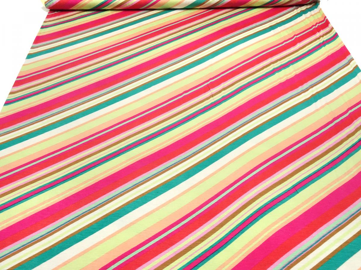 Fabric viscose jersey with horizontal stripes design red green pink multicolor striped dress fabric