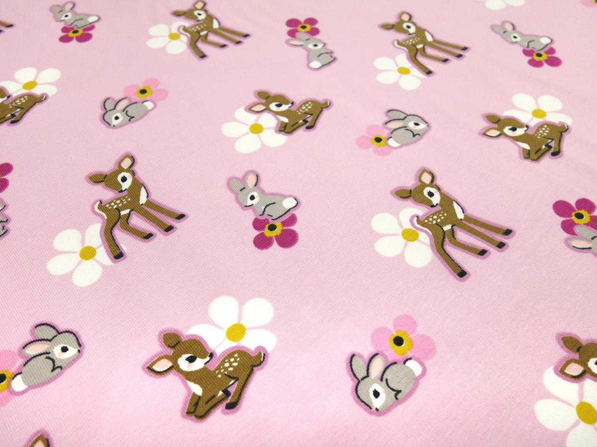 Fabric cotton jersey with deer fawn bunny bunny design gray blue turquoise yellow colorful children's fabric dress fabric