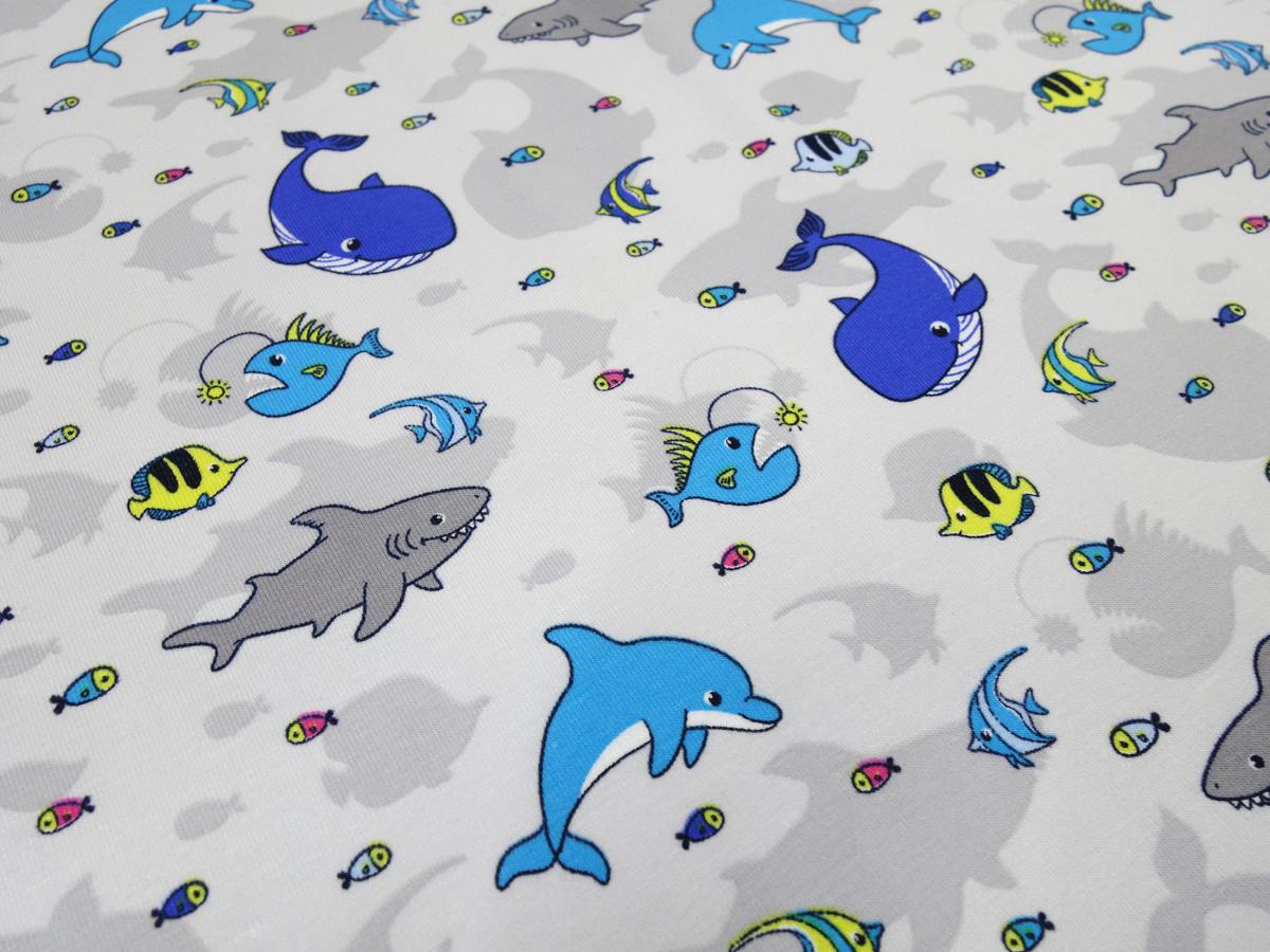 Fabric cotton jersey with whales sharks fish design gray blue turquoise yellow colorful children's fabric dress fabric