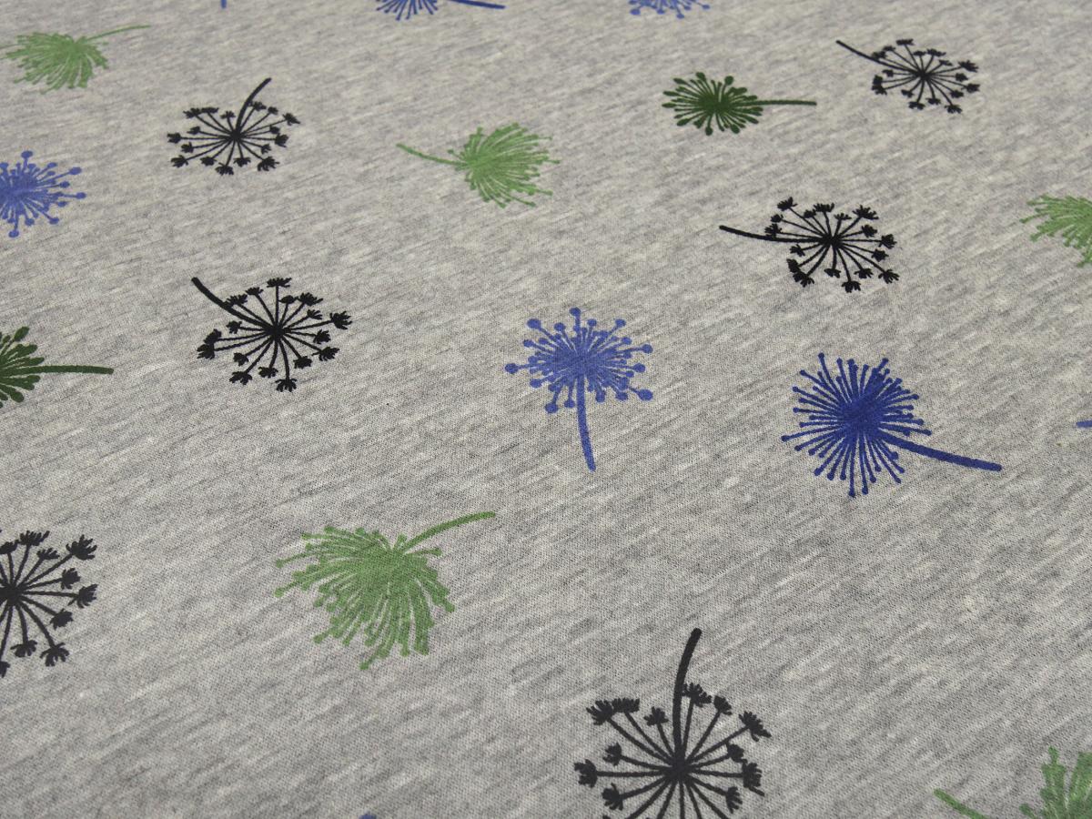 Fabric sweatshirt fabric with alpine fleece off side with dandelions design gray melange green blue black children's fabric clothing fabric hoodie fabric