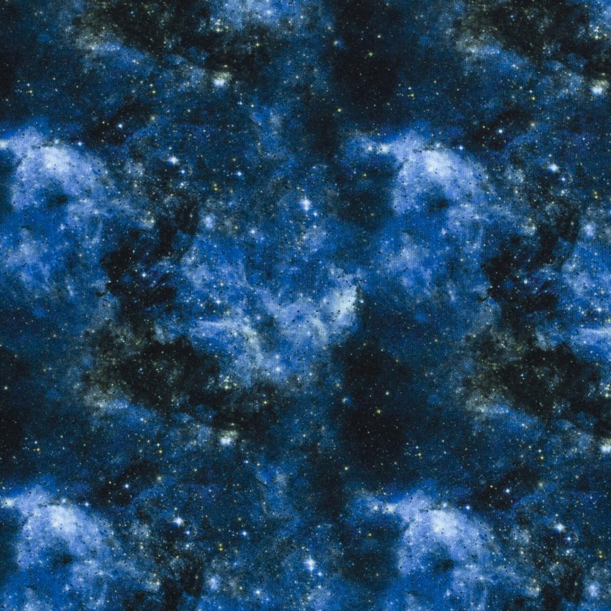 Stoff Baumwolle Sweatshirtstoff mit Galaxy Weltraum All Space Sterne Design blau weiß schwarz Kinderstoff Kleiderstoff Hoodiestoff