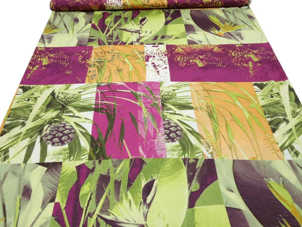 Fabric viscose jersey with abstract flowers plant design green orange fuchsia purple colorful dress fabric