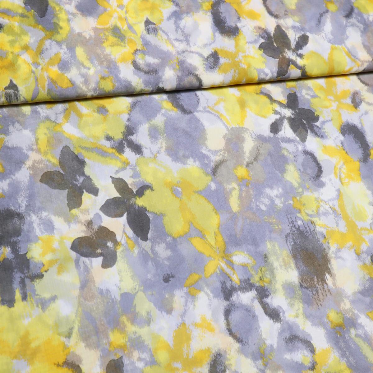 Fabric chiffon with watercolor flowers design light gray yellow ecrú blouse fabric dress fabric