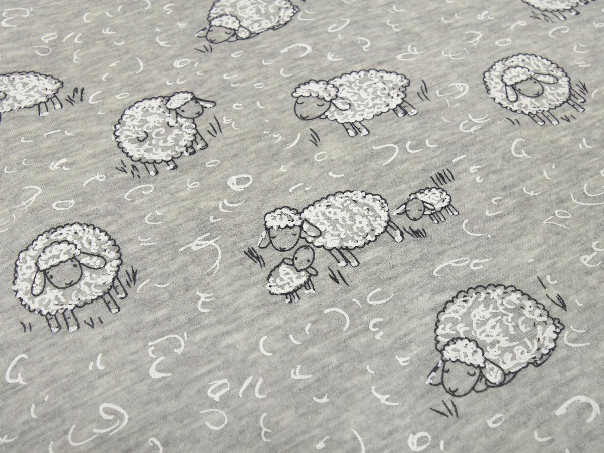 Stoff Sweatshirtstoff mit Alpenfleece Abseite im Schafe Schäfchen Design grau melange grün kiwi grau weiß Kinderstoff Kleiderstoff Hoodiestoff