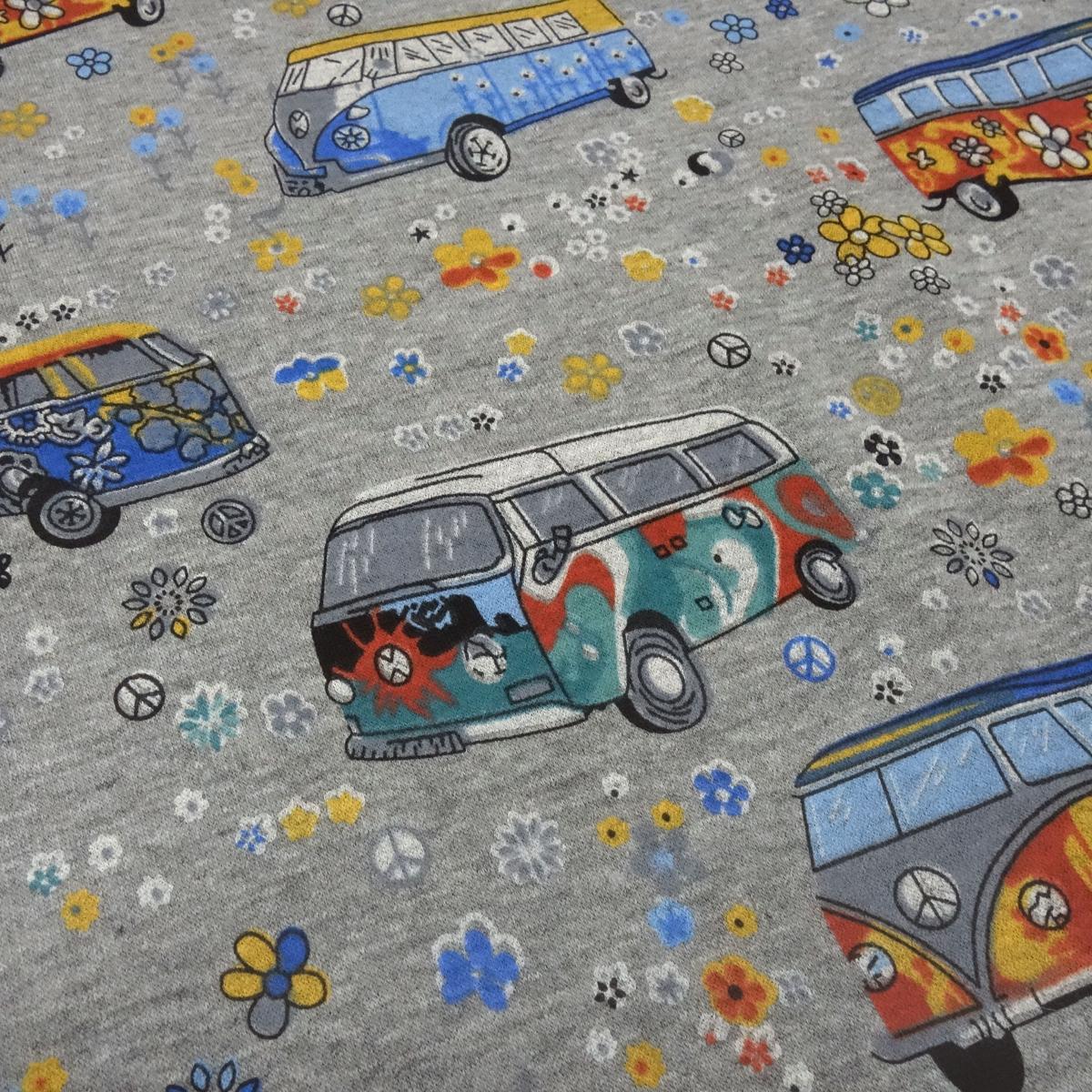 Fabric sweatshirt fabric alpine fleece side hippie Bulli car van design gray melange colorful children's fabric dress fabric hoodie fabric