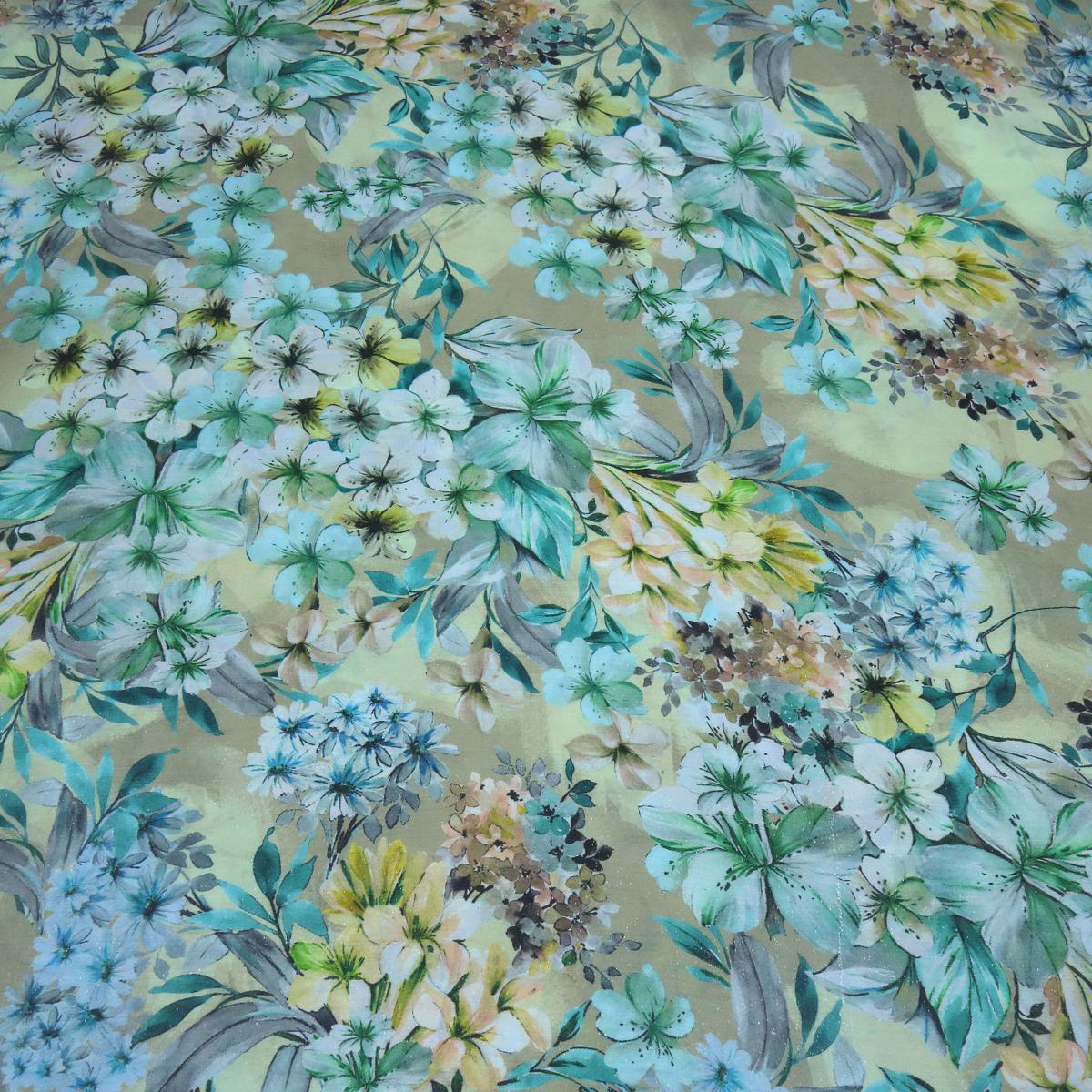 Stoff Viskose Shinio Floral Blusenstoff mit Blumen Blüten Design mint grün beige gelb bunt dezent glänzend Kleiderstoff