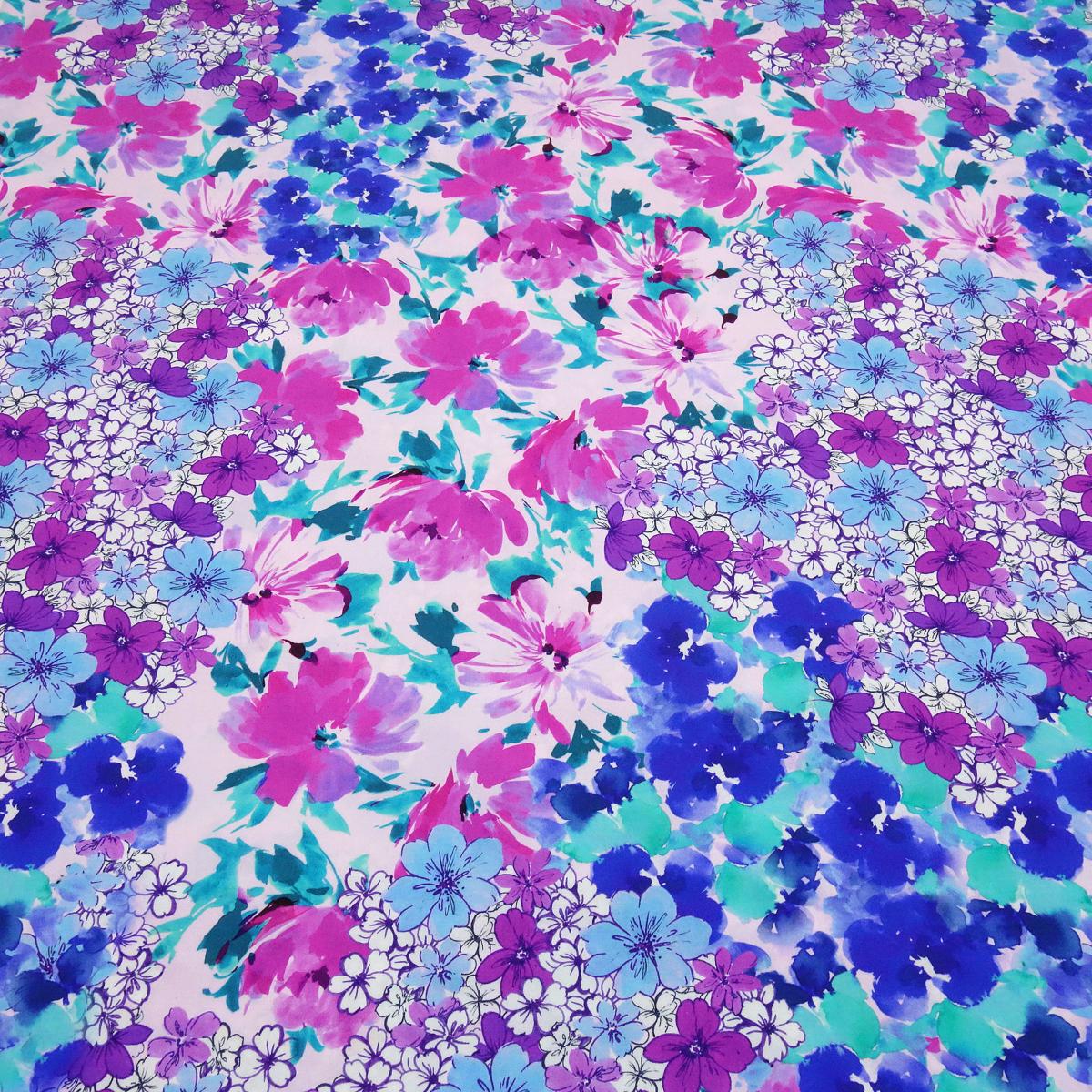 Stoff Galore Poplin Viskose Stretch mit Blumen Design rosa weiß fuchsia pink blau smaragd bunt Blusenstoff Kleiderstoff