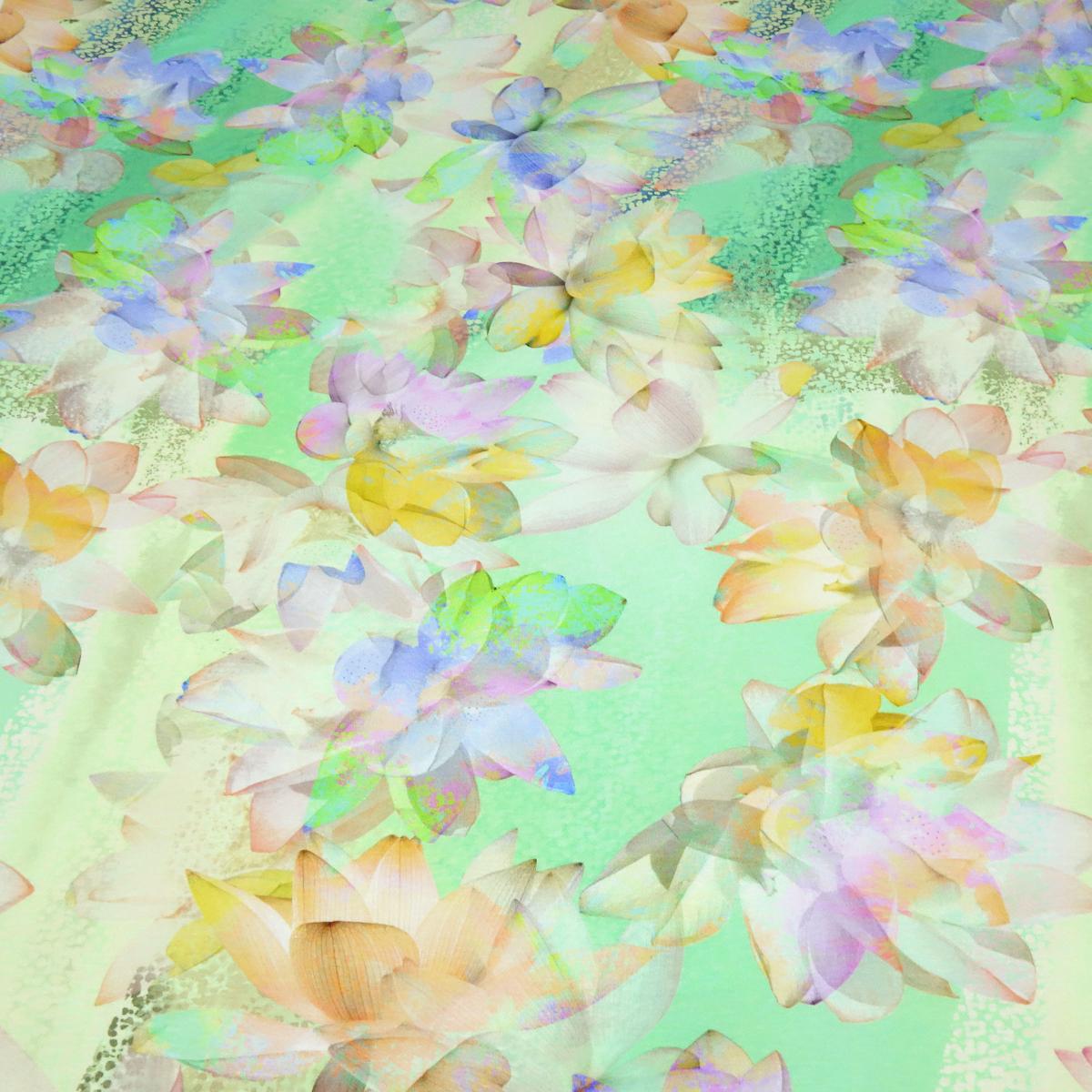 Fabric viscose jersey with spring lotus flower pattern blossom design pastel multicolor green colorful dress fabric children's fabric