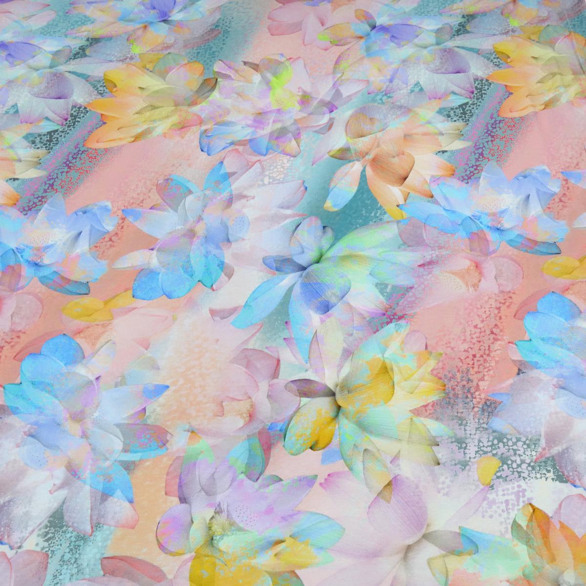 Fabric viscose jersey with spring lotus flower pattern blossom design pastel multicolor colorful dress fabric children's fabric