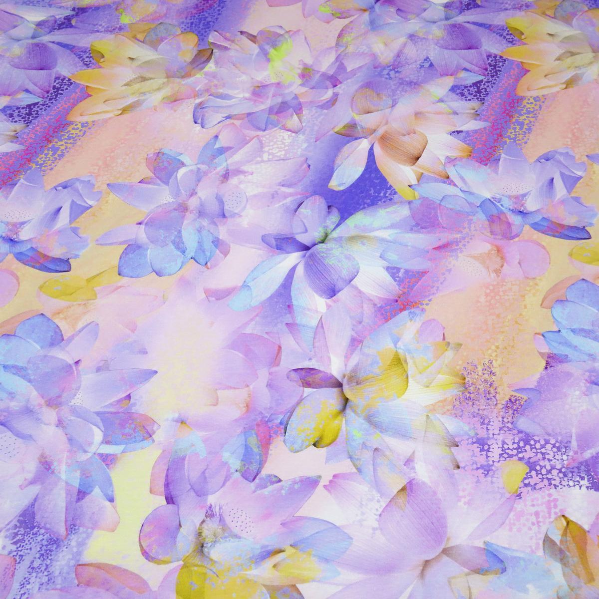 Fabric viscose jersey with Spring Lotus floral pattern flower design pastel multicolor lilac colorful dress fabric children's fabric