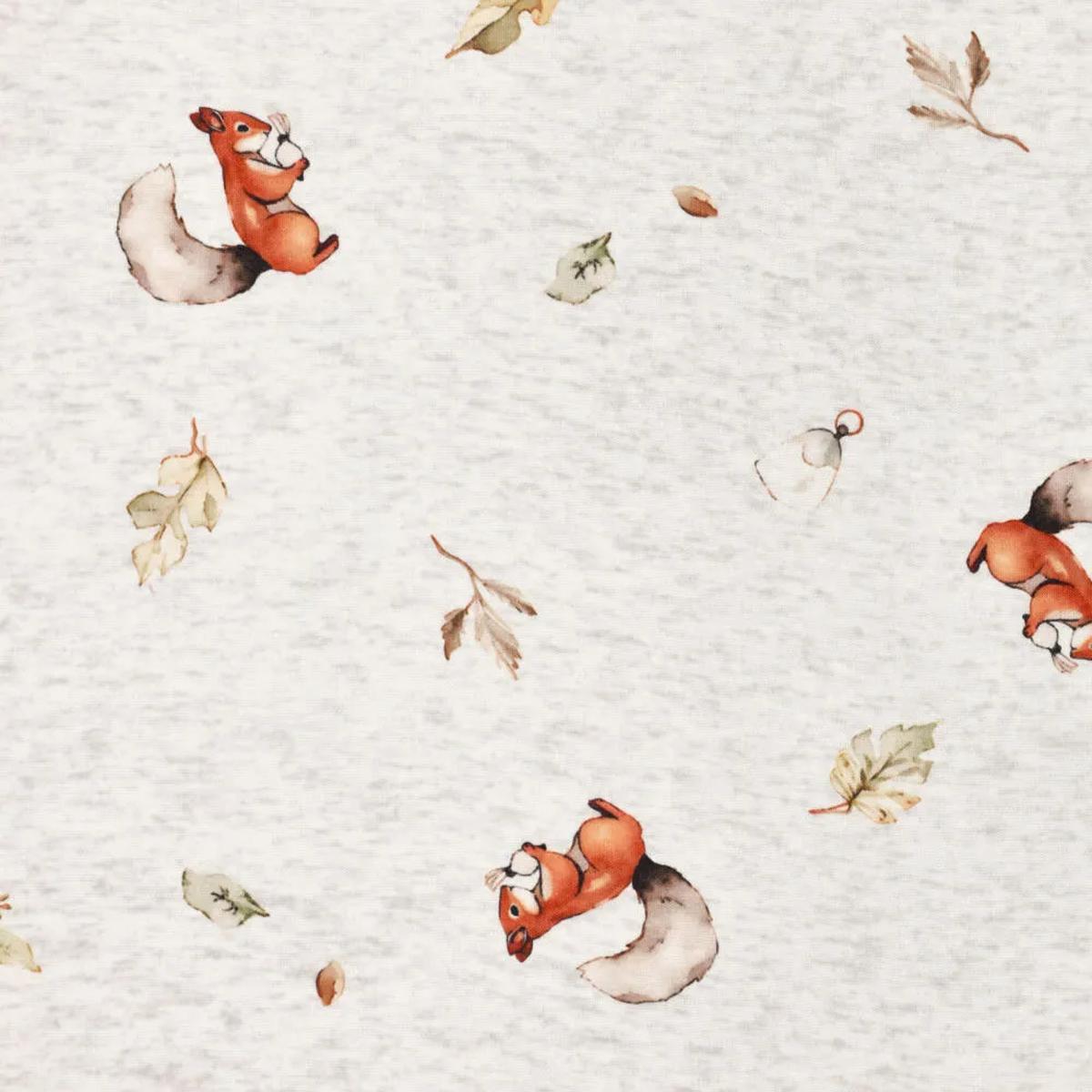 Stoff Sweatshirtstoff Alpenfleece Abseite Eichhörnchen Blätter wollweiß melange braun beige oliv bunt Kinderstoff Kleiderstoff Hoodiestoff