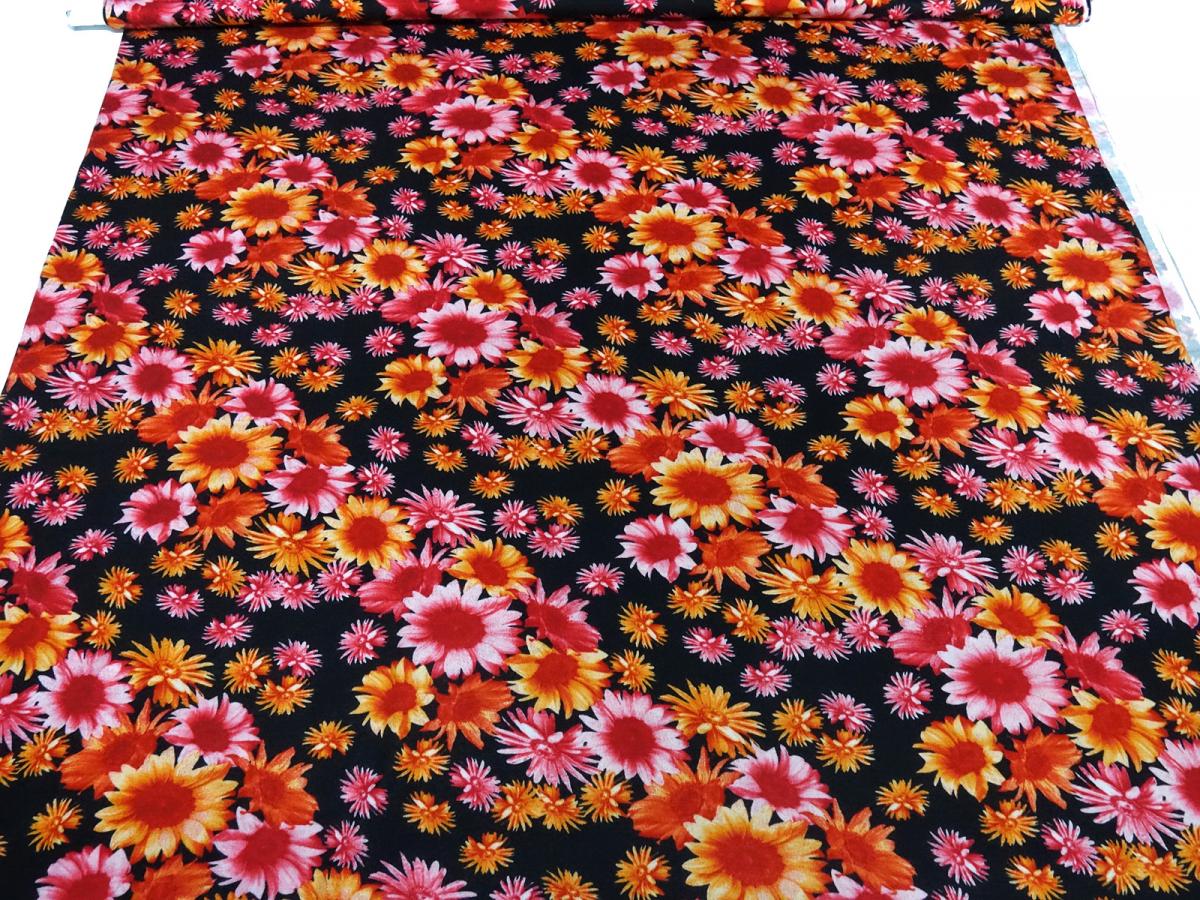 Stoff Viskose Jersey mit Blumen Blüten Design schwarz orange rot Kleiderstoff Kinderstoff