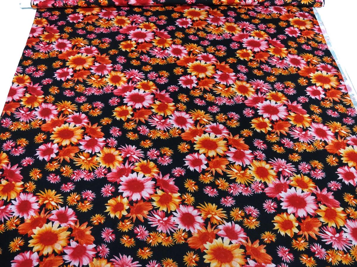 Fabric viscose jersey with flowers blossoms design black orange red dress fabric children's fabric