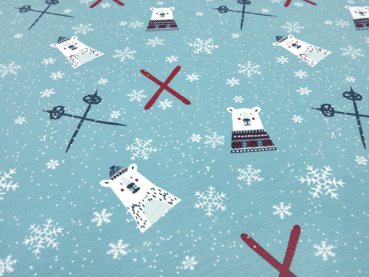 Stoff Baumwolle Sweatshirtstoff French Terry Eisbären Schneeflocken Ski Design eisblau weiß grau rot Kinderstoff Kleiderstoff