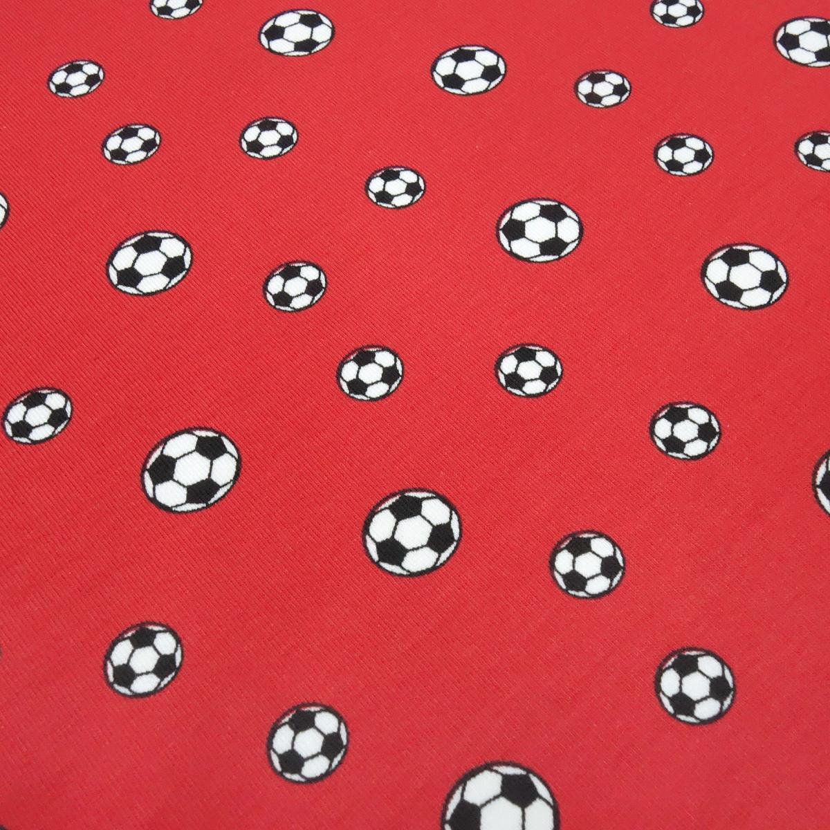 Cotton jersey fabric with soccer ball design in red, white, and black Children's fabric Clothing fabric