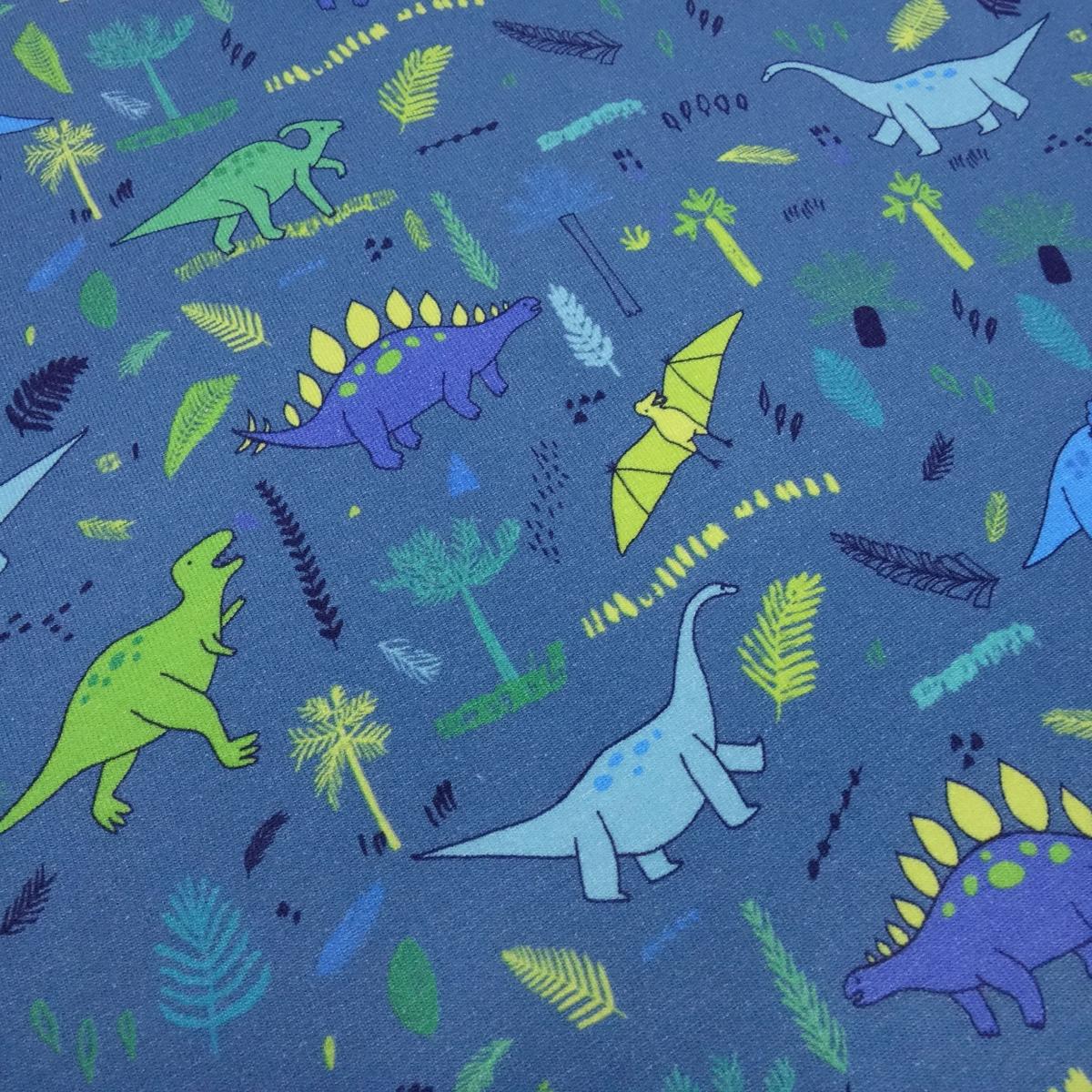 Stoff Baumwolle French Terry Sommersweatshirtstoff Dino Dinosaurier Design blau grün türkis Kinderstoff Kleiderstoff